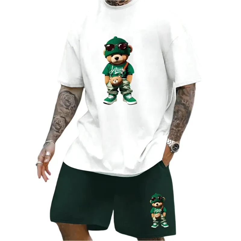 Men's Summer Fun Bear T-Shirt & Shorts Set – Loose-Fit Casual Couple Outfit, Outdoor Streetwear 2-Piece Suit