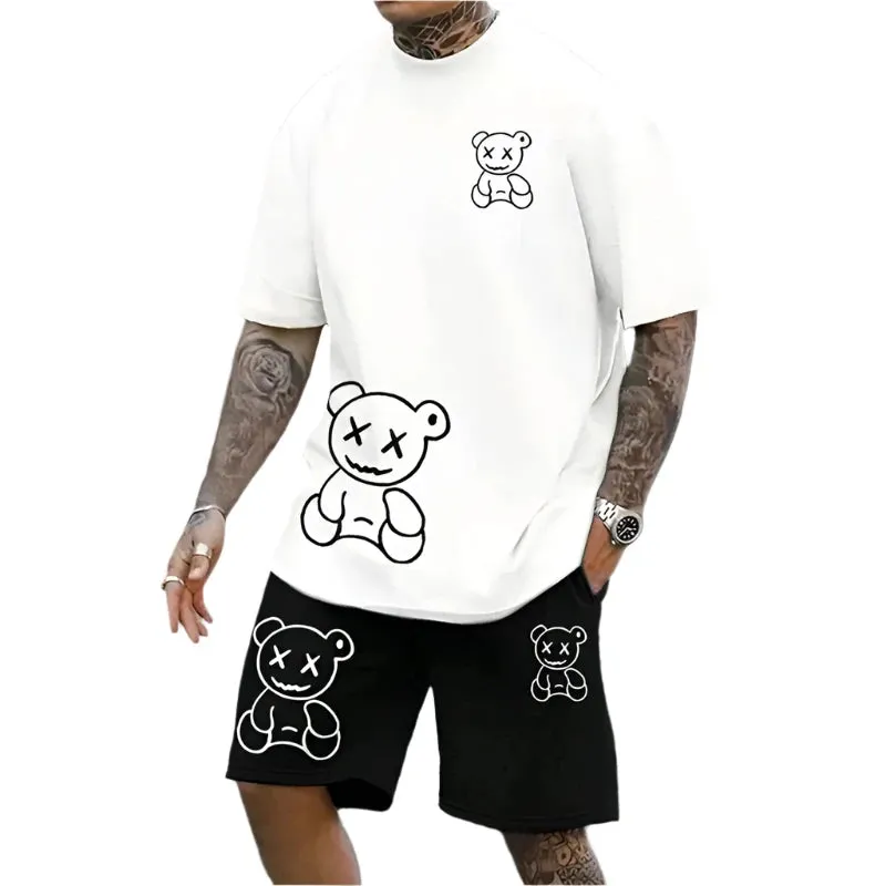 Men's Summer Fun Bear T-Shirt & Shorts Set – Loose-Fit Casual Couple Outfit, Outdoor Streetwear 2-Piece Suit