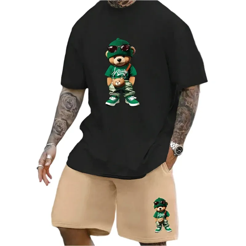 Men's Summer Fun Bear T-Shirt & Shorts Set – Loose-Fit Casual Couple Outfit, Outdoor Streetwear 2-Piece Suit