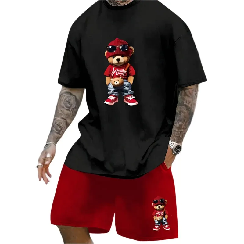 Men's Summer Fun Bear T-Shirt & Shorts Set – Loose-Fit Casual Couple Outfit, Outdoor Streetwear 2-Piece Suit