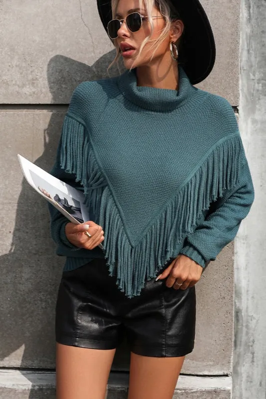 Myra Triangle Tassels Fringe Knit Top - Blue