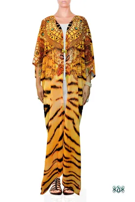 NATURE MORTE Luxury Tiger Print Devarshy Long Georgette Kimono Jacket - 0012