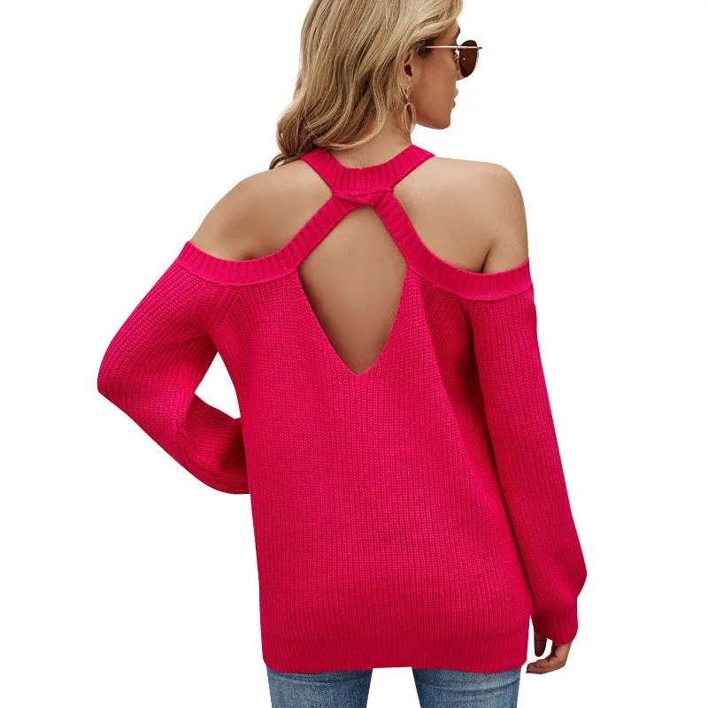 New Women Sexy Lantern Sleeve Off-Shoulder Solid Color Sweater