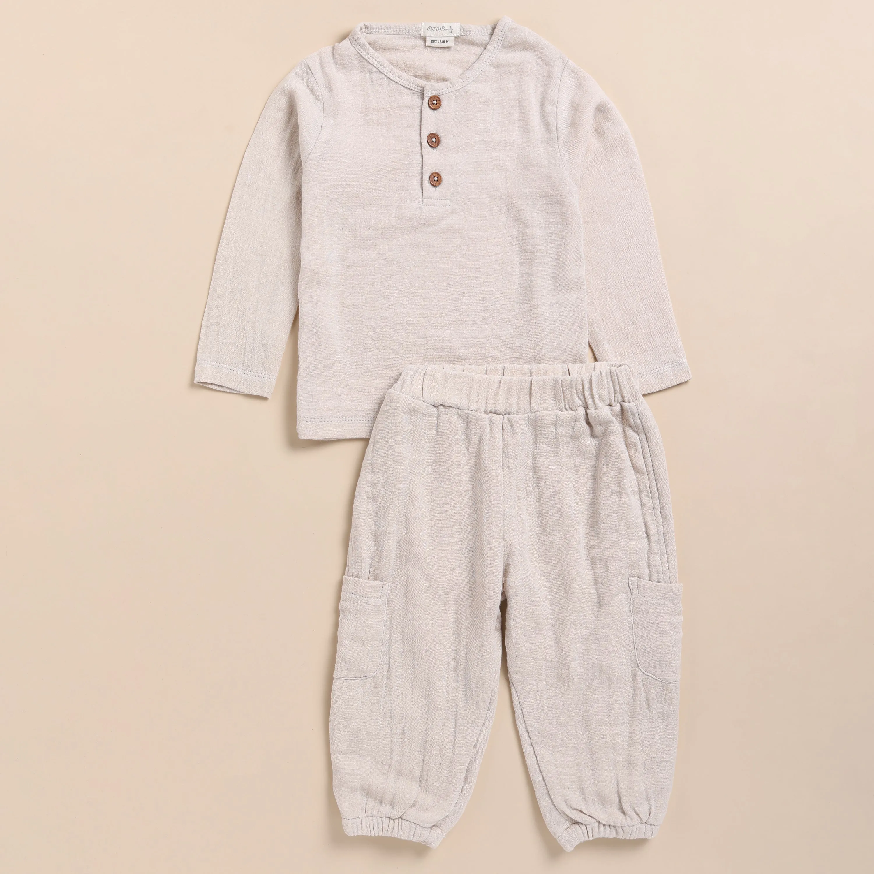 Oatmeal Organic Muslin Long Sleeve Henley Tshirt With Lounge Pant Set