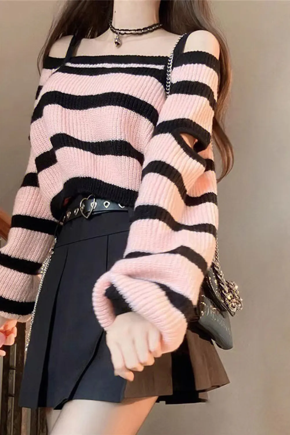 Off Shoulder Pink Striped Knitted Cropped Sweater