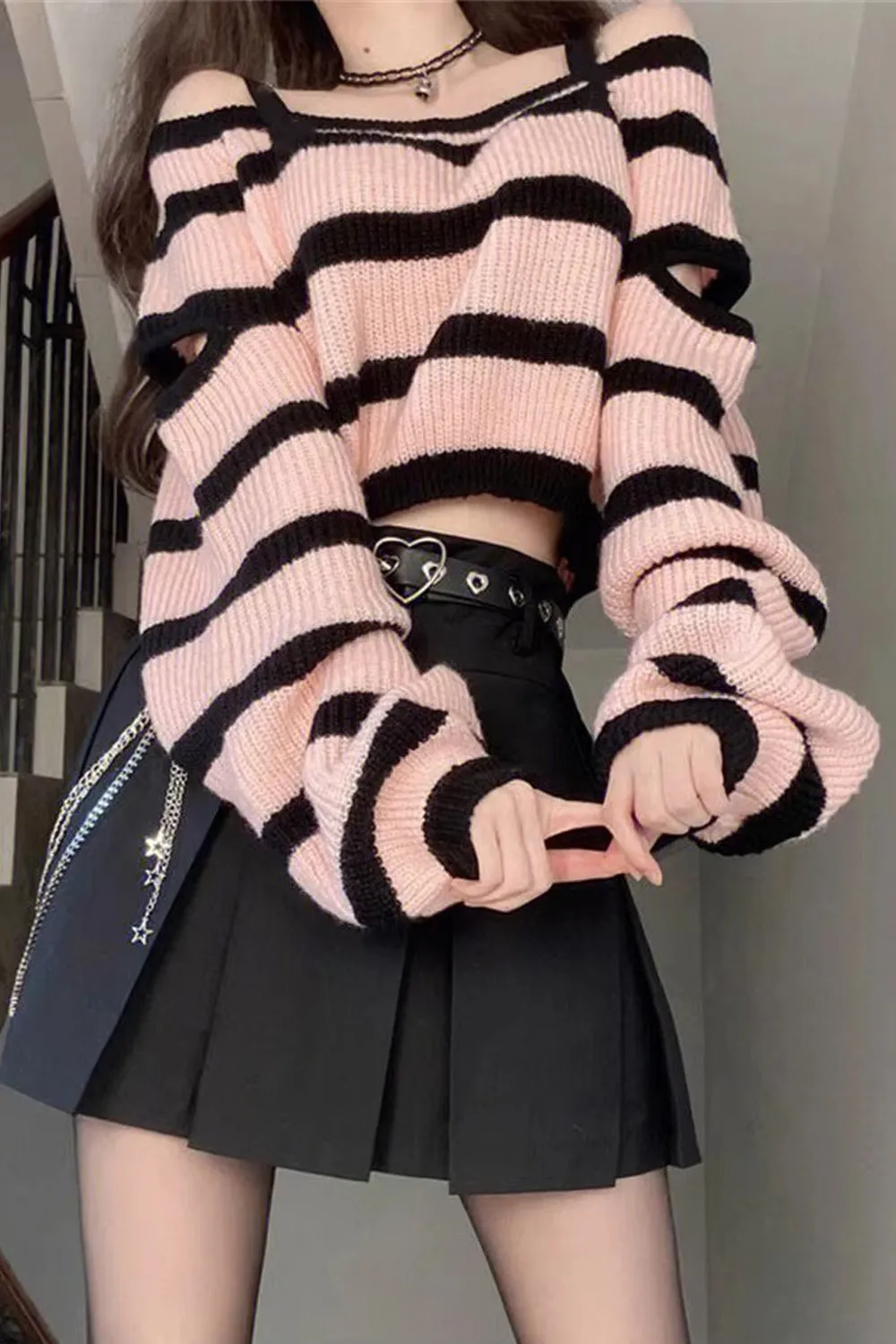 Off Shoulder Pink Striped Knitted Cropped Sweater