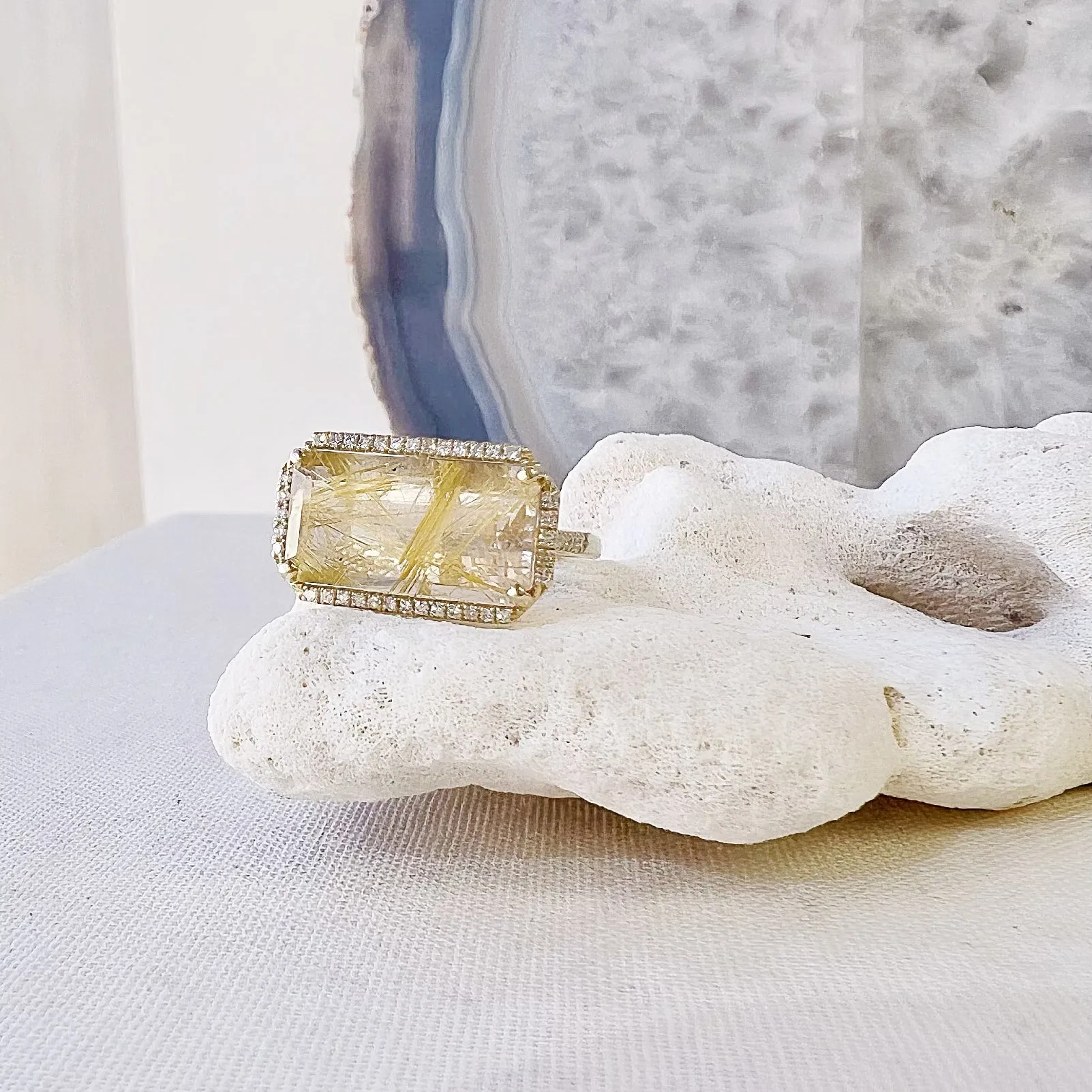 One of a Kind Emerald Cut Golden Rutilated Quartz Ring in Yellow Gold