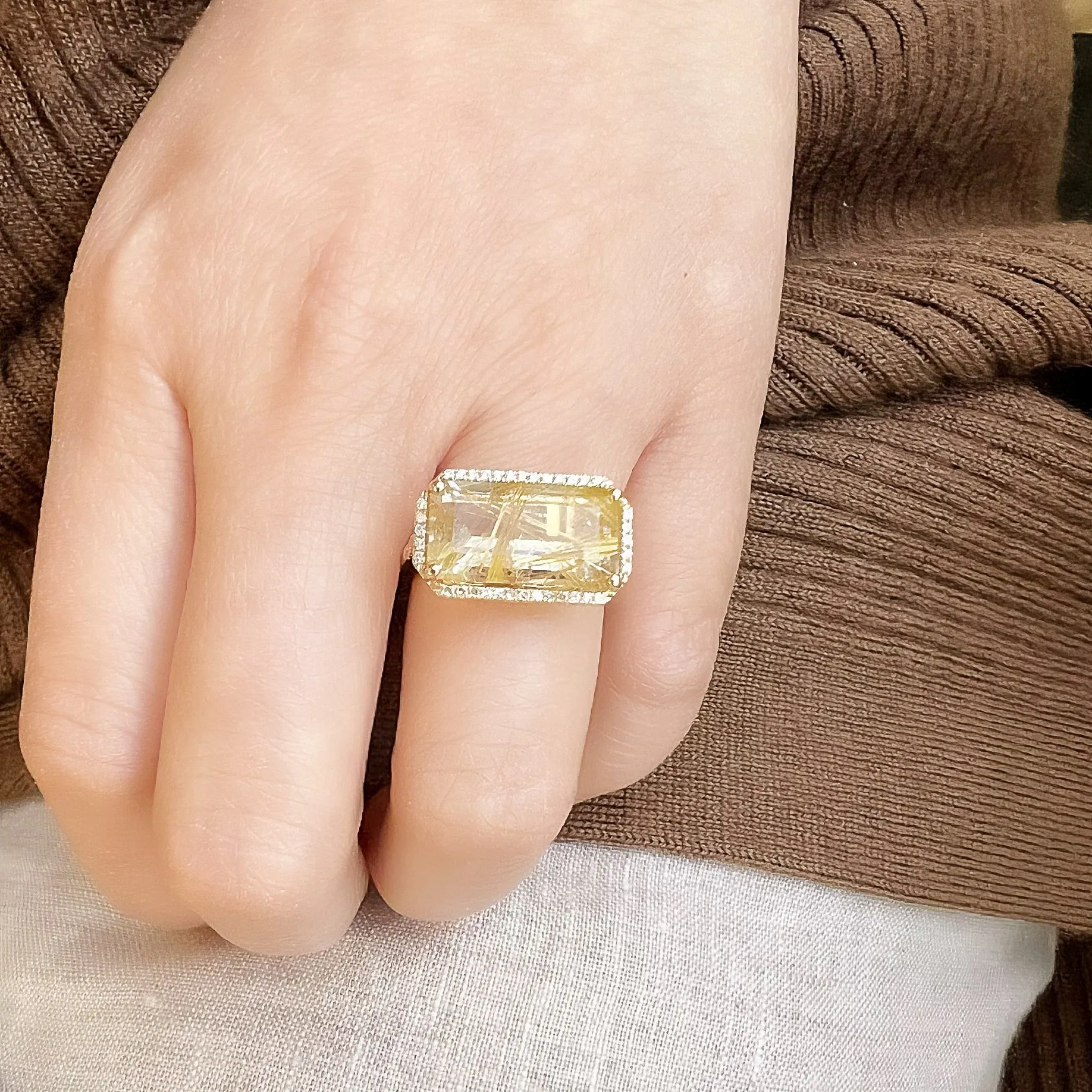 One of a Kind Emerald Cut Golden Rutilated Quartz Ring in Yellow Gold