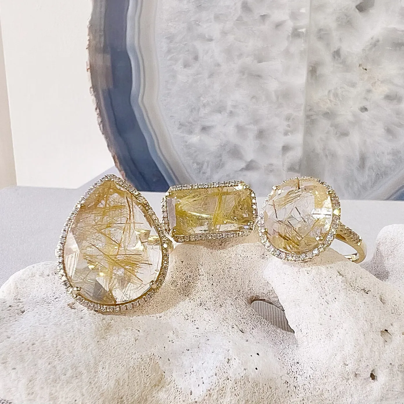 One of a Kind Emerald Cut Golden Rutilated Quartz Ring in Yellow Gold