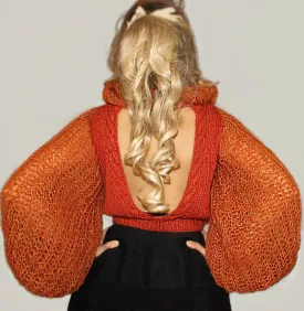 Open back Wool Fuzzy Mohair sweater with puffy sleeves