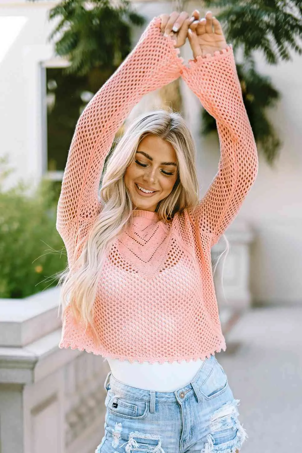 Openwork Long Sleeve Round Neck Knit Top