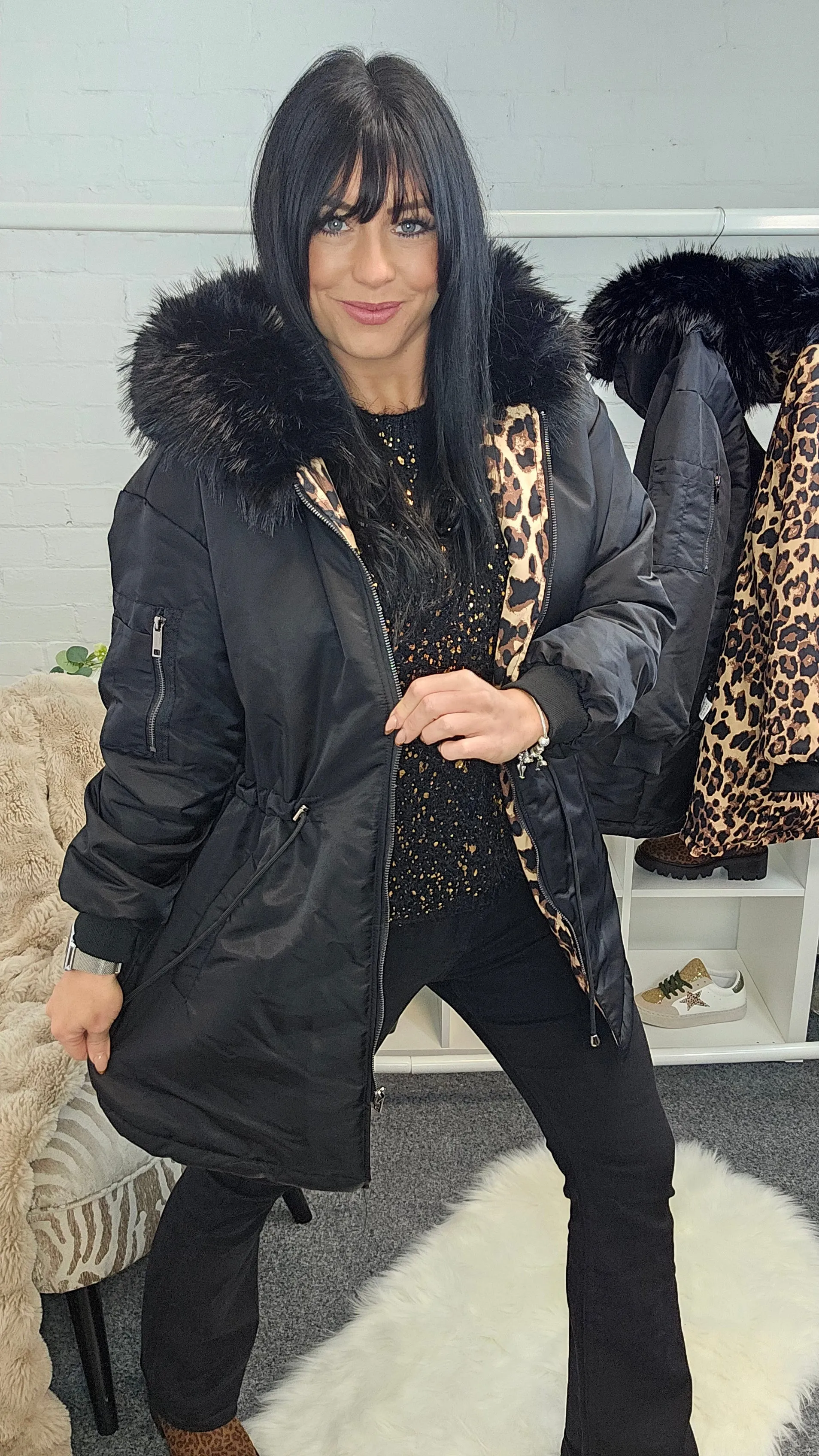 Oslo Kia Leopard Reversible Coat - Black (choose your Size)