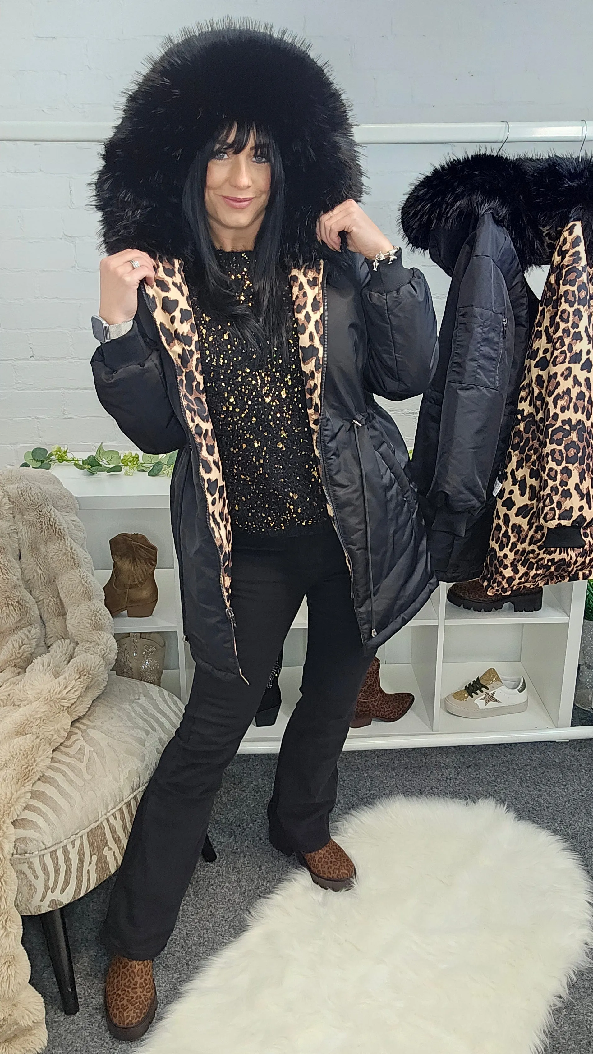 Oslo Kia Leopard Reversible Coat - Black (choose your Size)