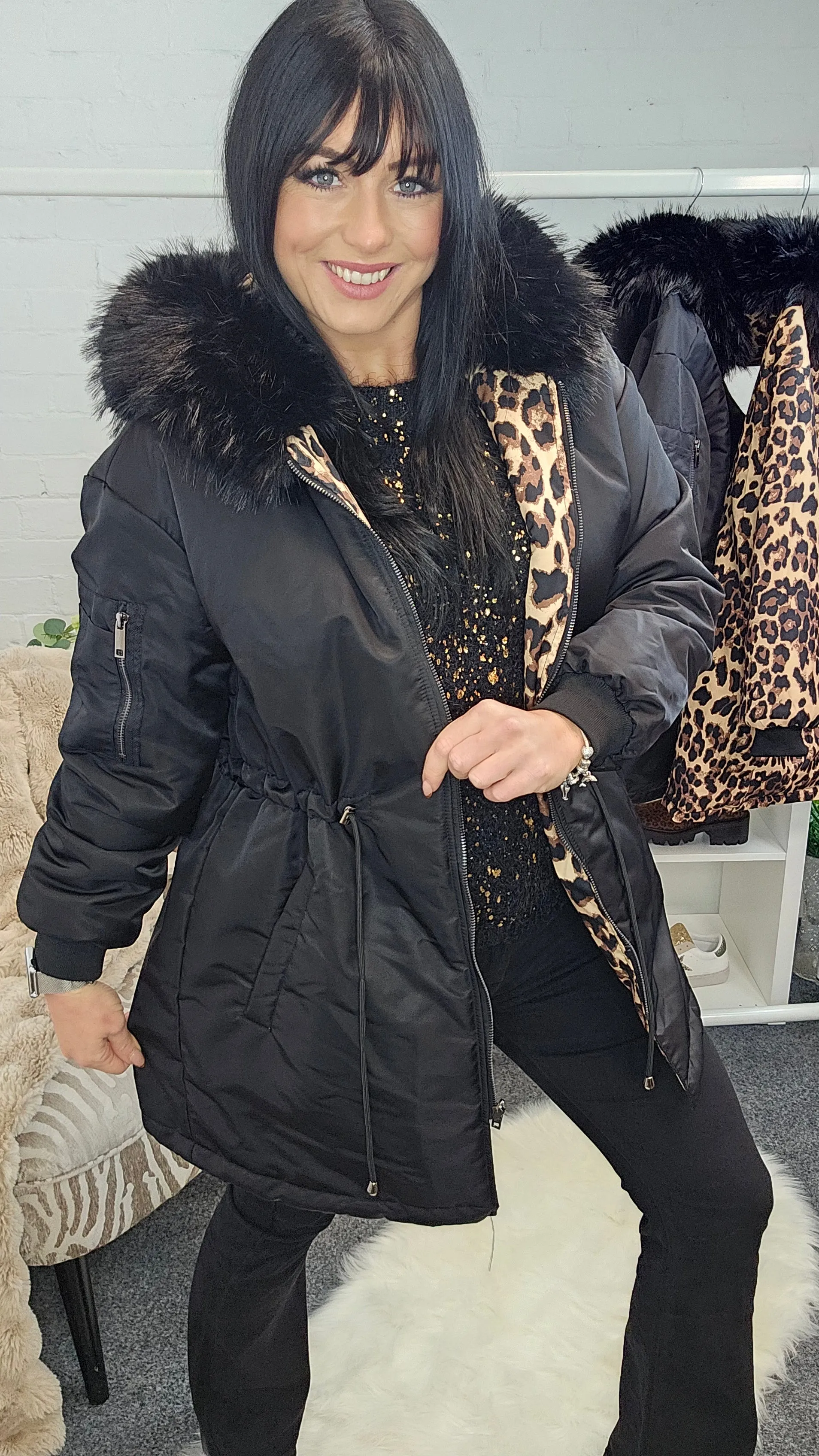 Oslo Kia Leopard Reversible Coat - Black (choose your Size)