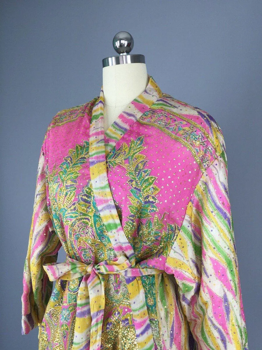 Pink and Gold Embroidered Silk Kimono Jacket made from a Vintage Indian Sari