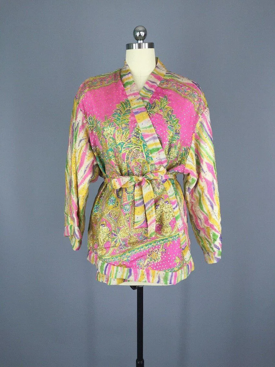 Pink and Gold Embroidered Silk Kimono Jacket made from a Vintage Indian Sari