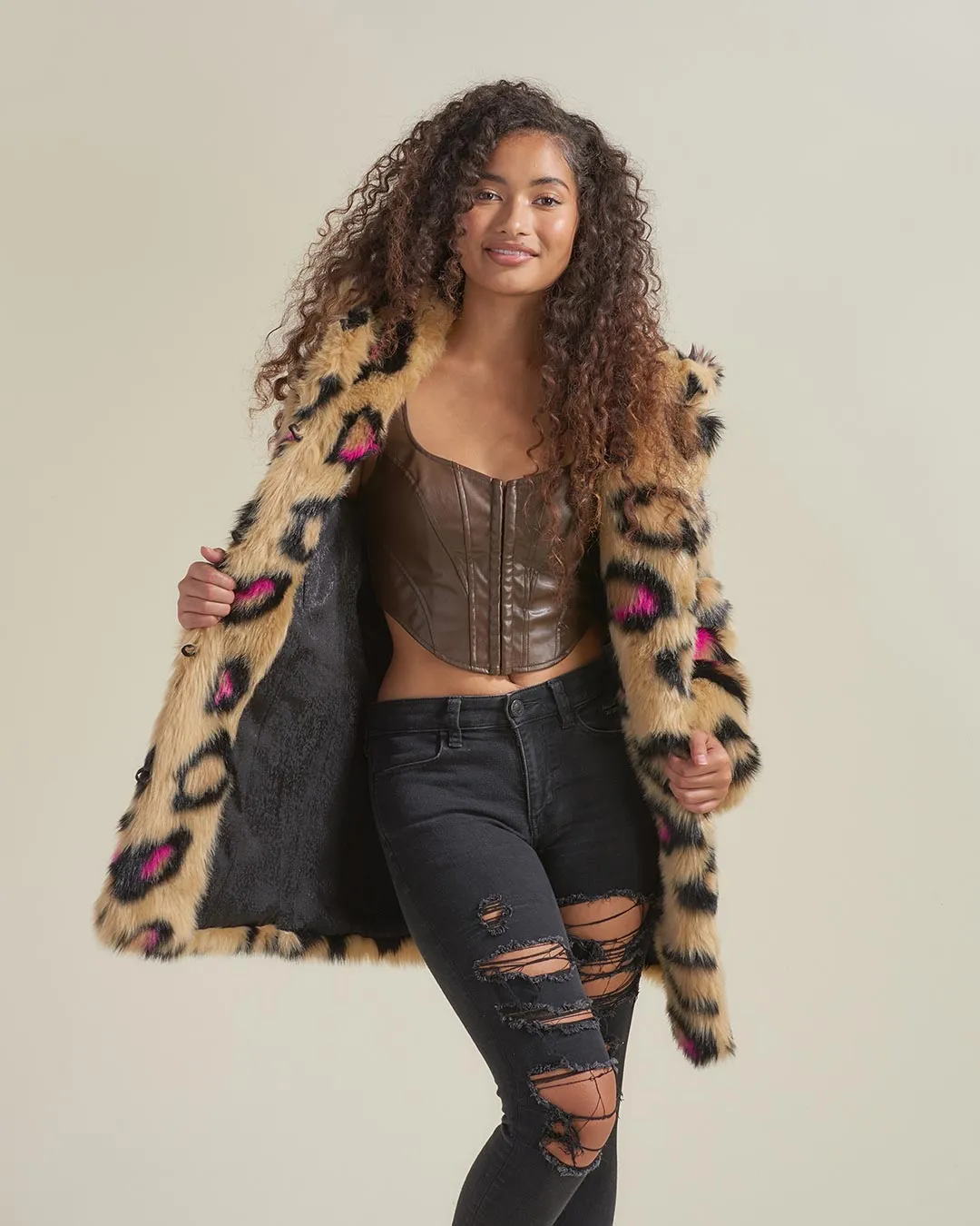 Pink Spotted Leopard Classic Faux Fur Coat | Women's