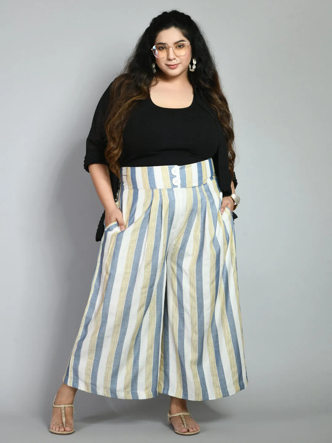 Plus Size Plus Size Striped White & Blue Culottes