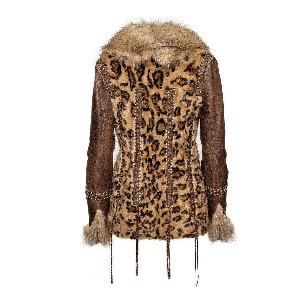 RC2007MKZ - Cuadra leopard casual fashion mink and fox fur coat for woman