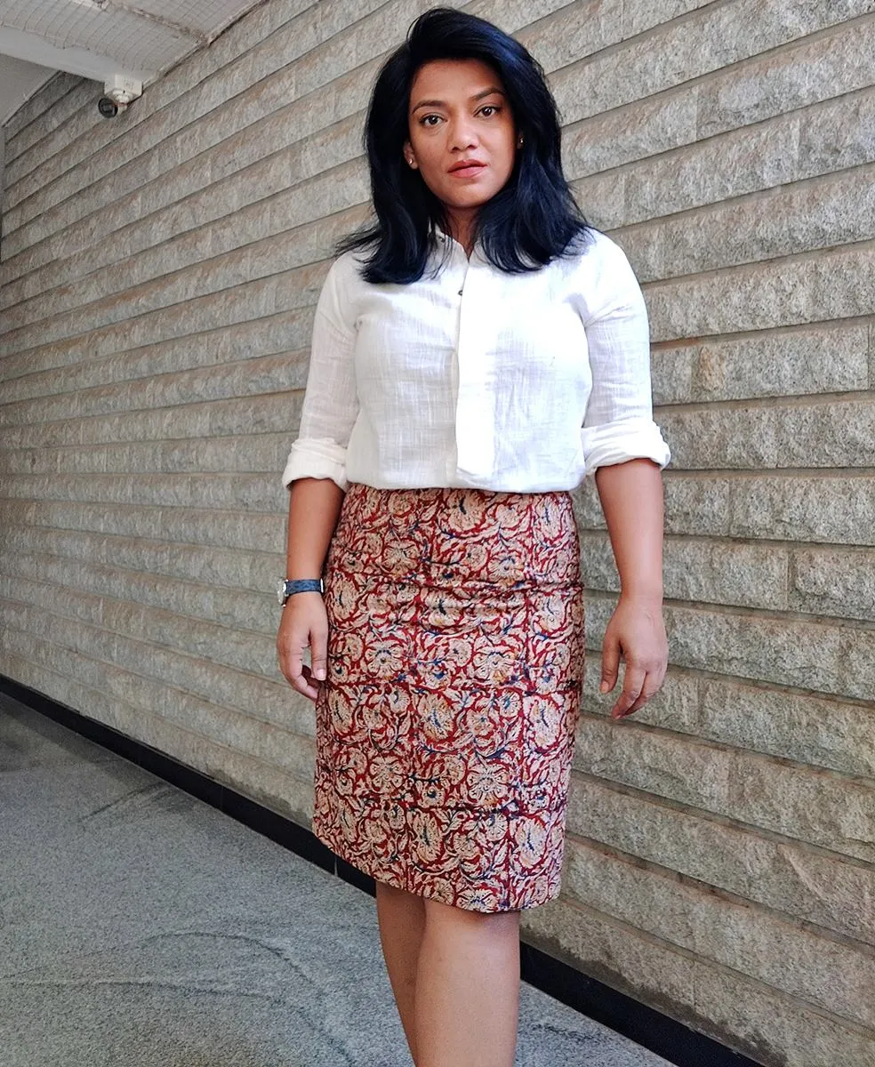 Red Kalamkari Hand Block Printed Cotton Pencil Skirt