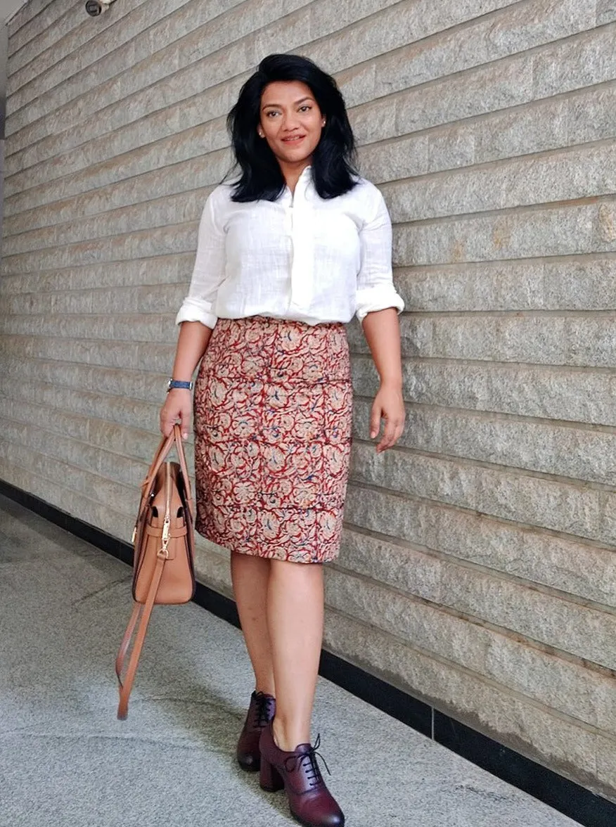 Red Kalamkari Hand Block Printed Cotton Pencil Skirt