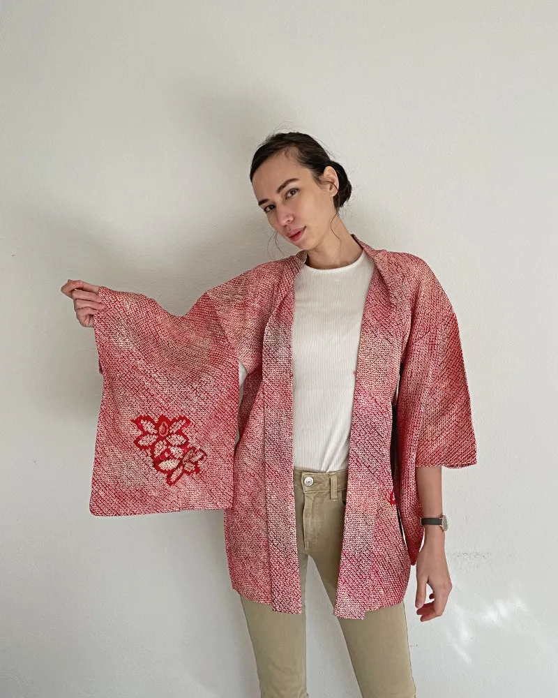 Red Orchid  Shibori Haori Kimono Jacket