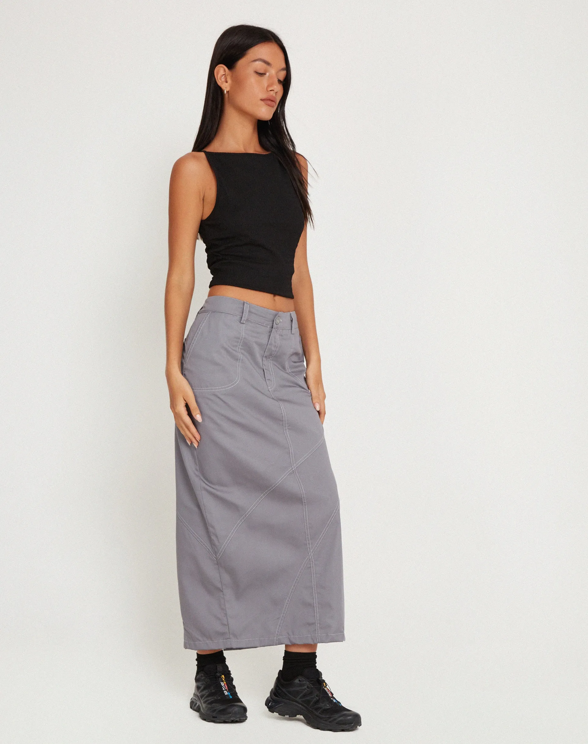 Reese Cargo Midi Skirt in Charcoal Grey with White Stitch