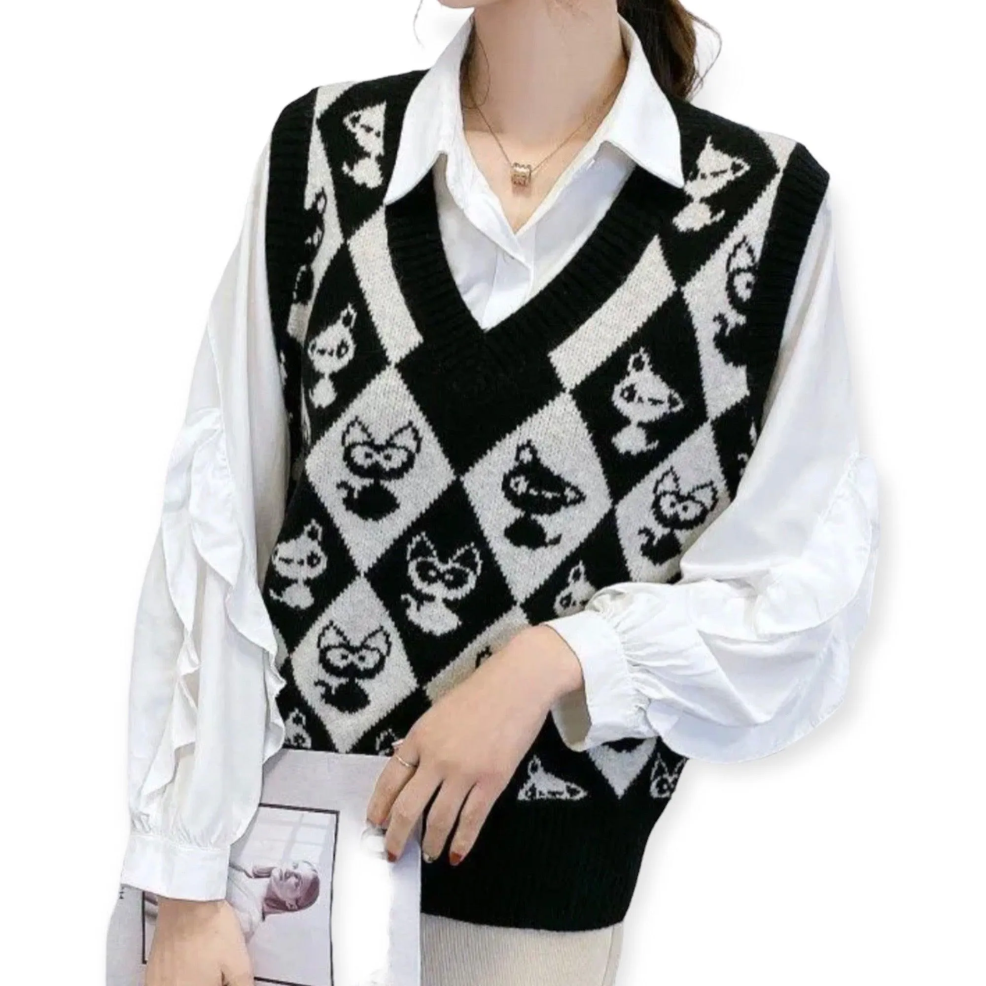 Retro Punk V Neck Preppy Argyle Sweater Vest