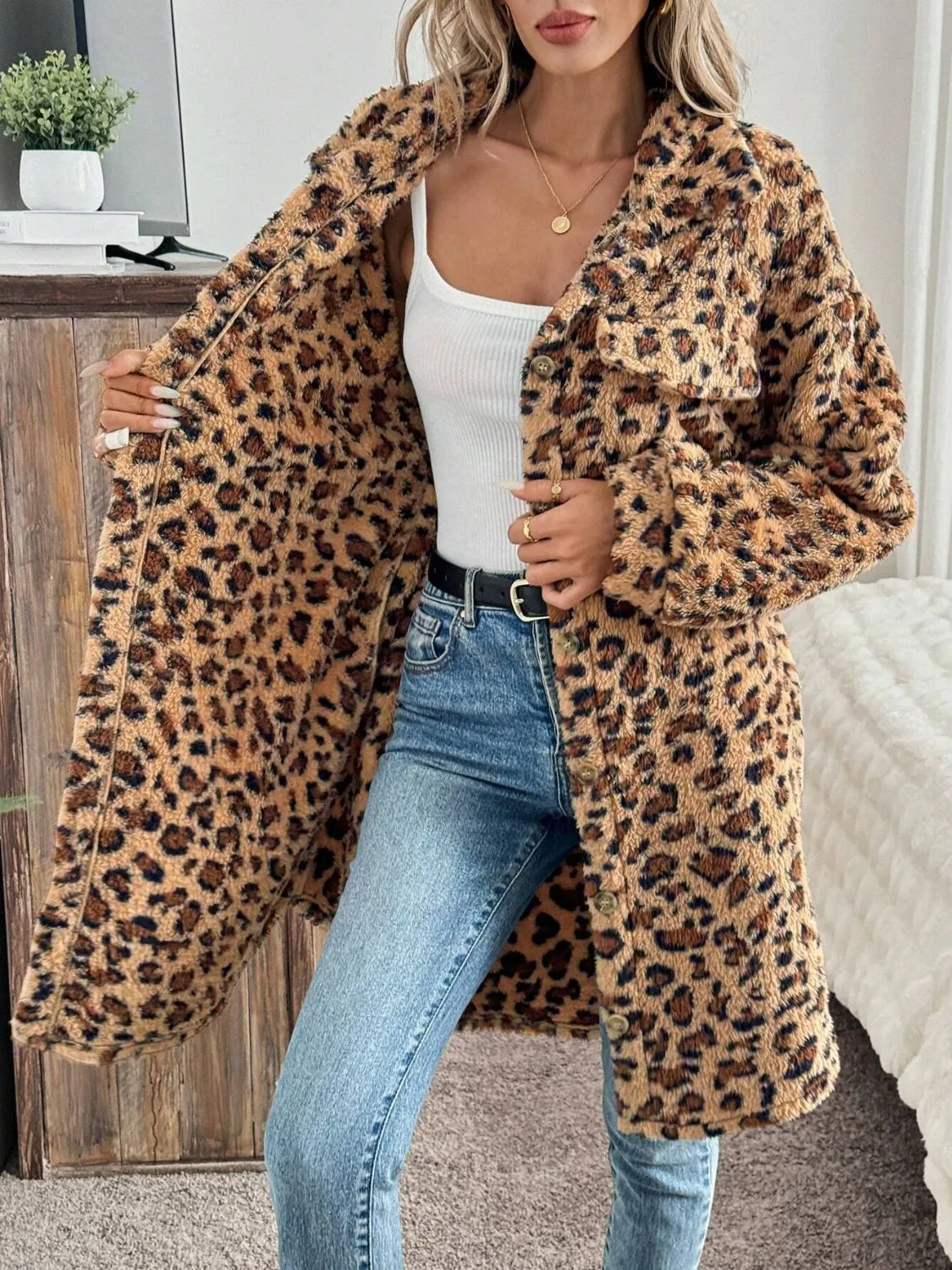 Royal Leopard Button Up Long Sleeve Fuzzy Coat