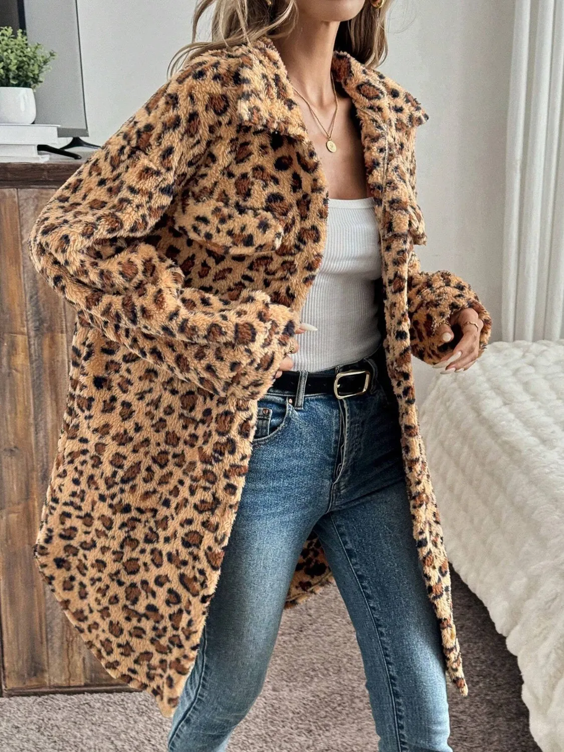 Royal Leopard Button Up Long Sleeve Fuzzy Coat