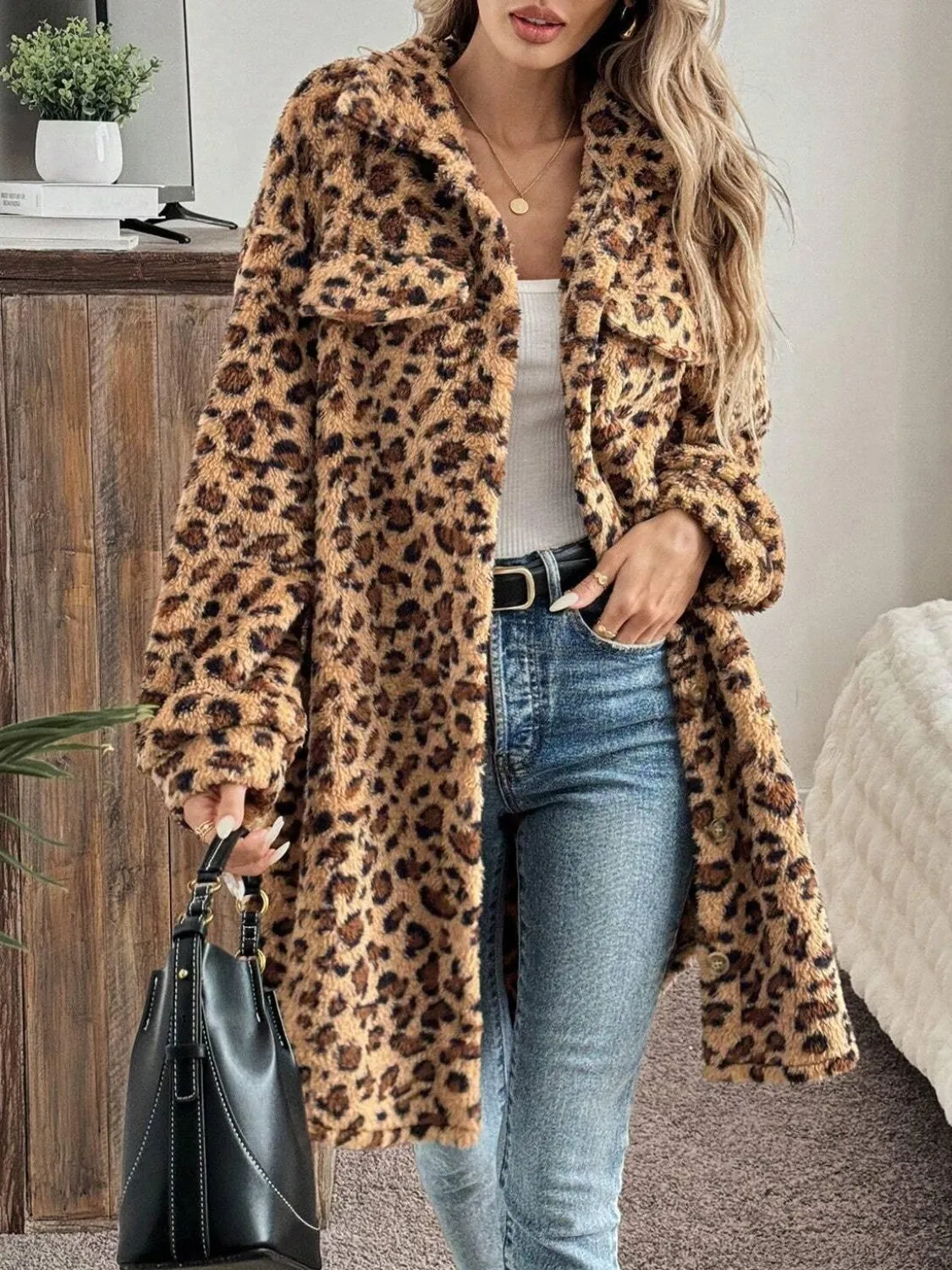 Royal Leopard Button Up Long Sleeve Fuzzy Coat