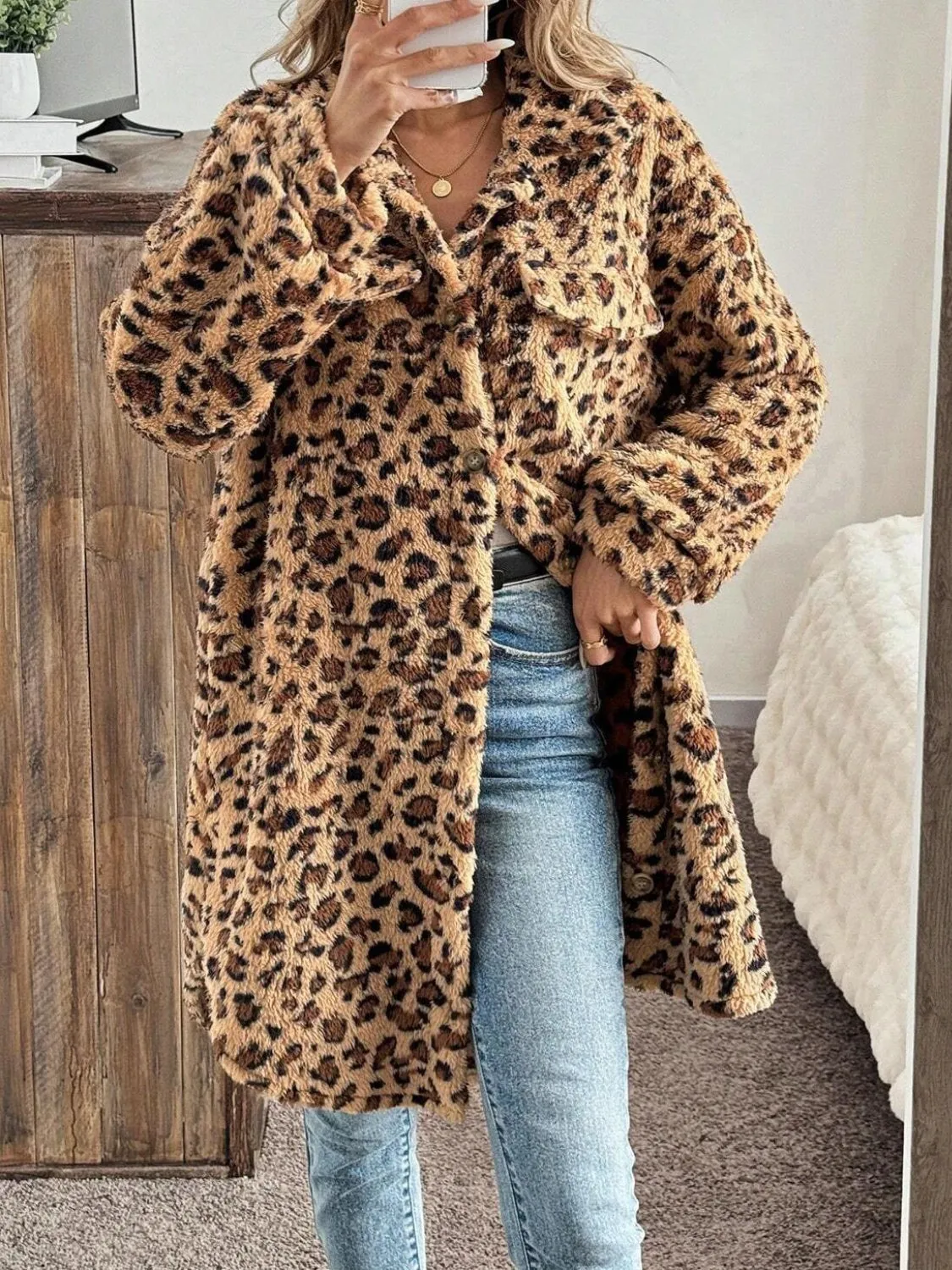 Royal Leopard Button Up Long Sleeve Fuzzy Coat