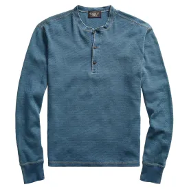 RRL by Ralph Lauren Waffle Knitted Cotton Henley Washed Blue Indigo