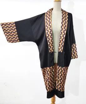 Satin kimono robe with shawl lapel in black and brown geometric print