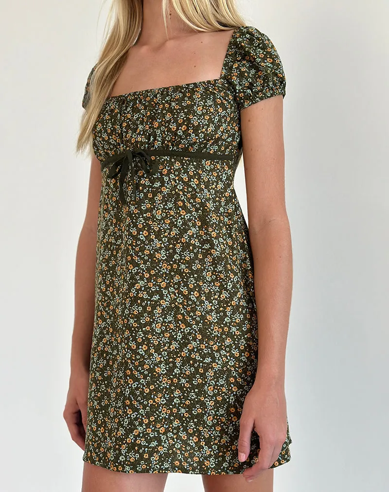 Savio Mini Dress in Grunge Floral Khaki