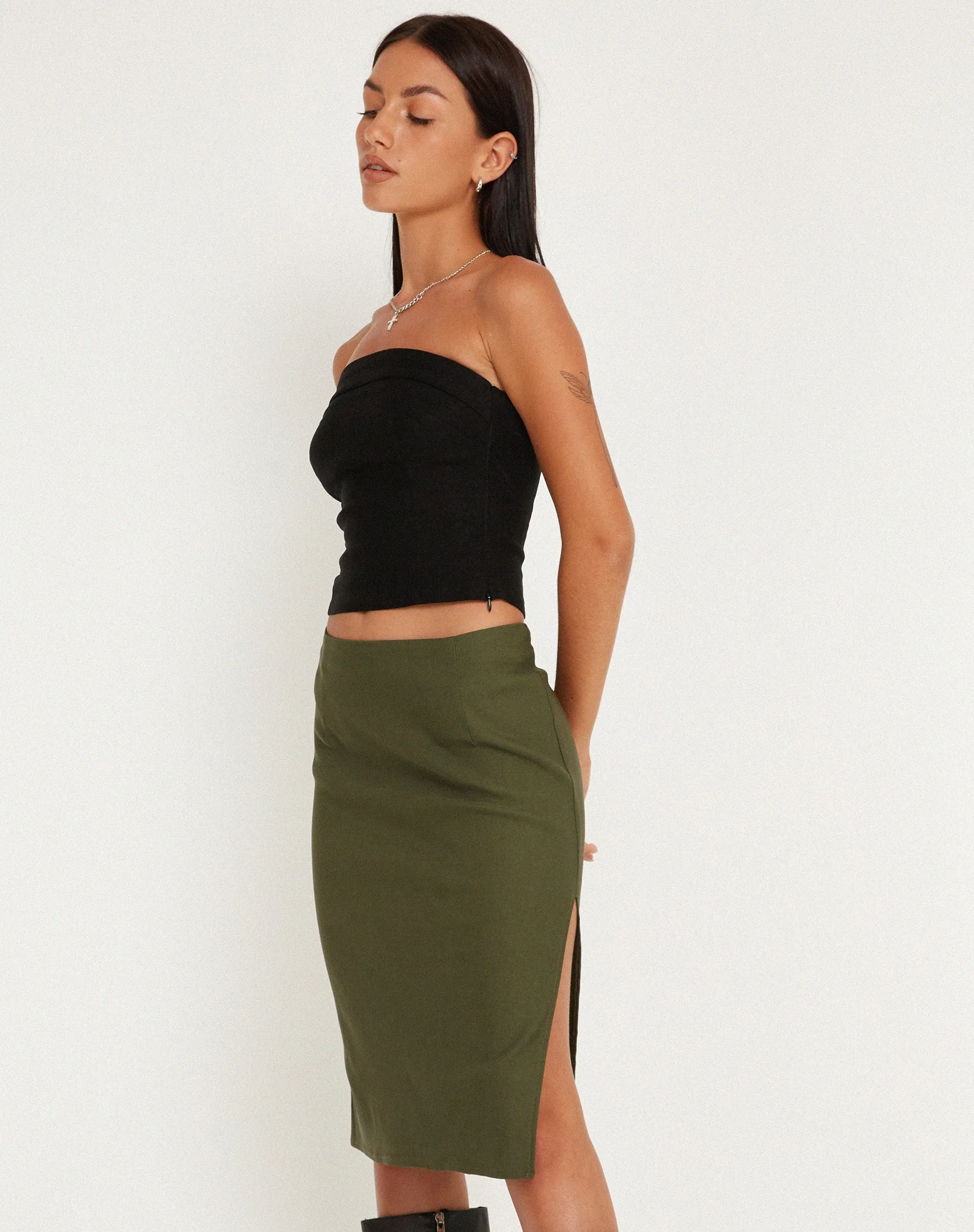 Sekoji Side Slit Midi Skirt in Khaki