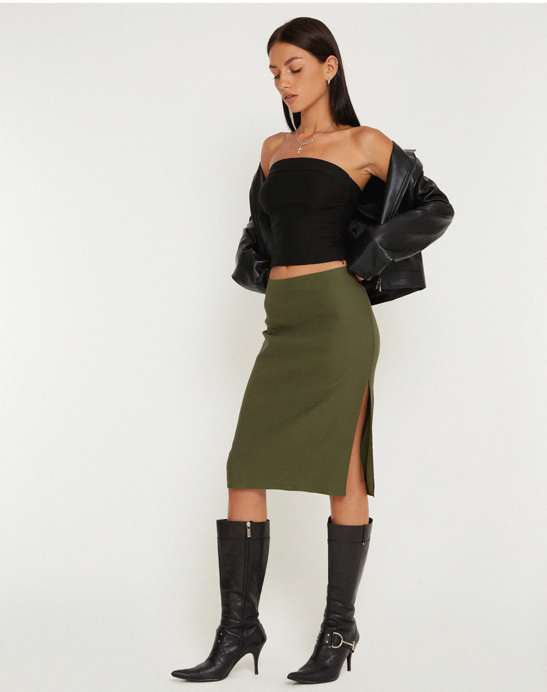 Sekoji Side Slit Midi Skirt in Khaki