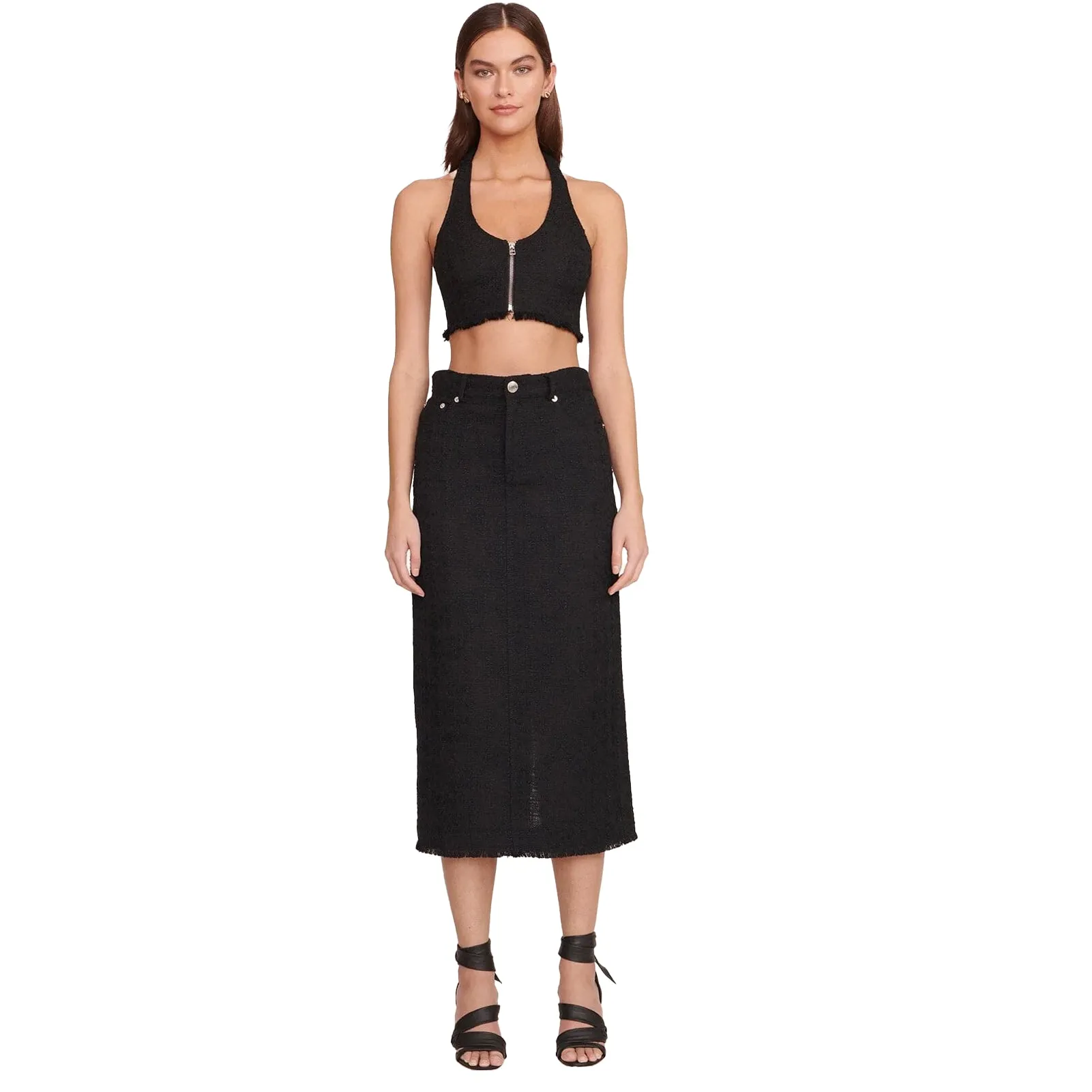 Staud Guinevere Black Tweed Midi Skirt