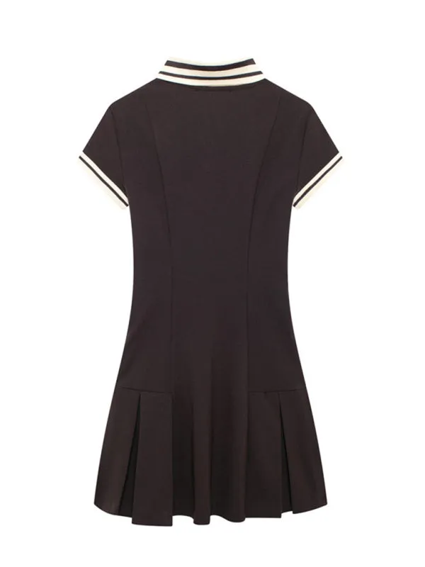 Trendy Contrast Henley Collar Drop Waist Mini Dress