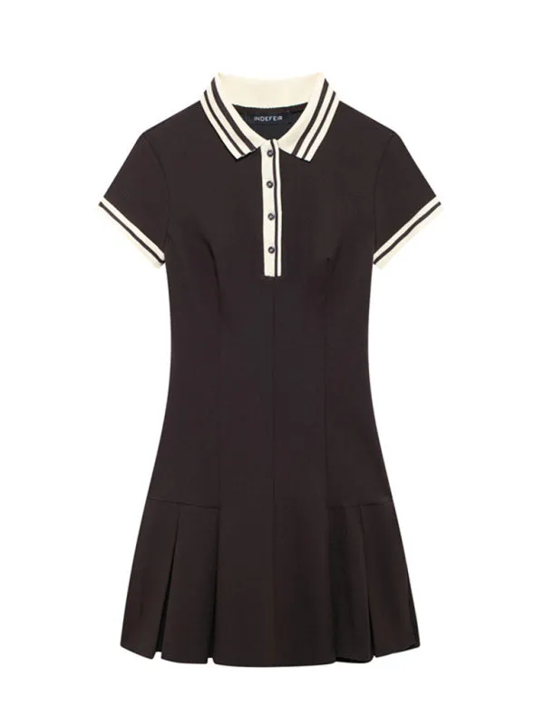 Trendy Contrast Henley Collar Drop Waist Mini Dress