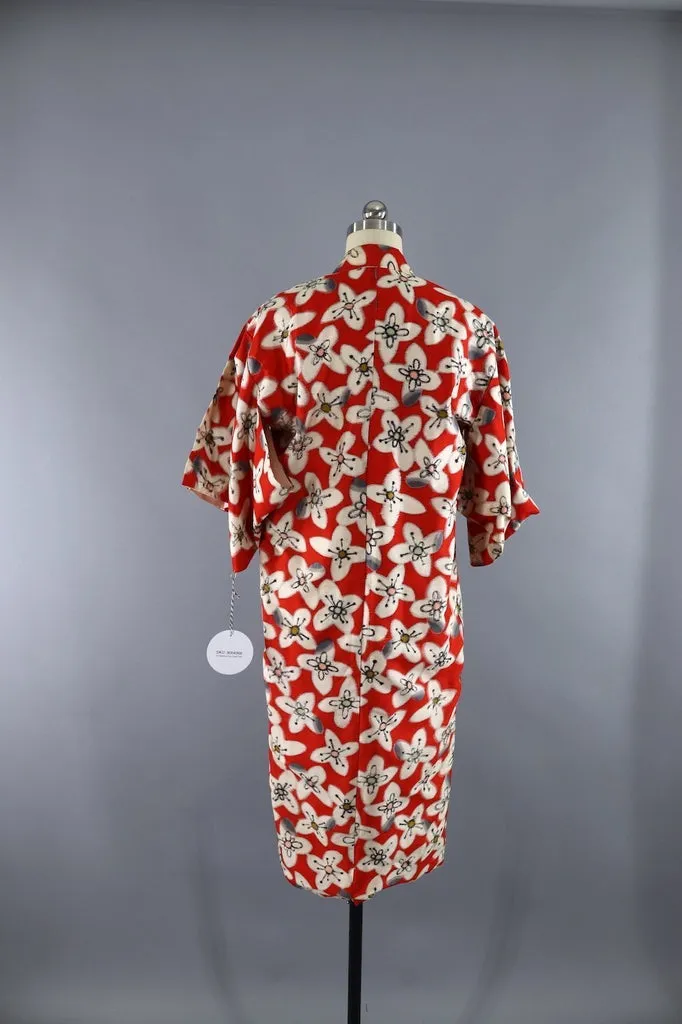 Vintage 1930s Silk Kimono Robe / Red Meisen Ikat Floral