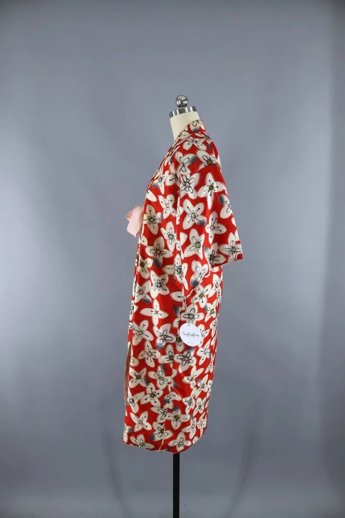 Vintage 1930s Silk Kimono Robe / Red Meisen Ikat Floral