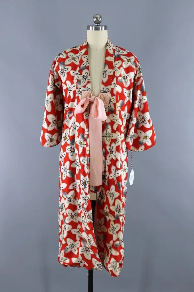 Vintage 1930s Silk Kimono Robe / Red Meisen Ikat Floral