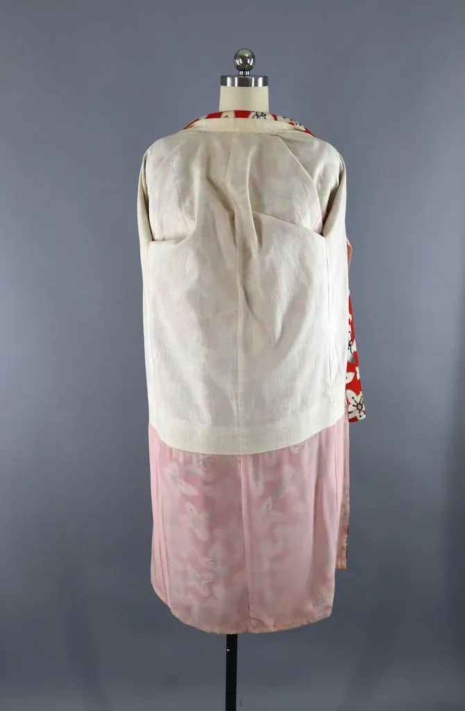 Vintage 1930s Silk Kimono Robe / Red Meisen Ikat Floral