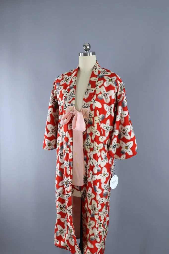 Vintage 1930s Silk Kimono Robe / Red Meisen Ikat Floral