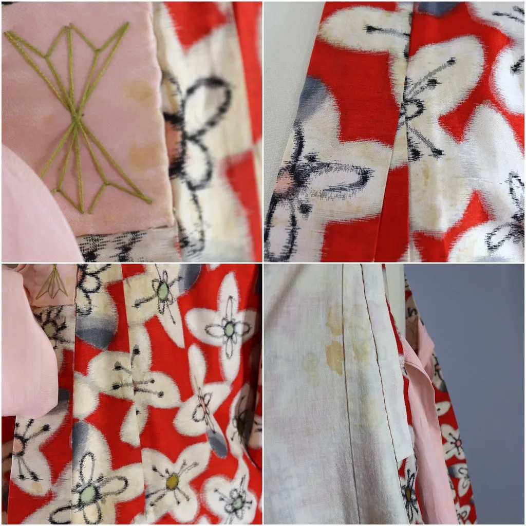 Vintage 1930s Silk Kimono Robe / Red Meisen Ikat Floral