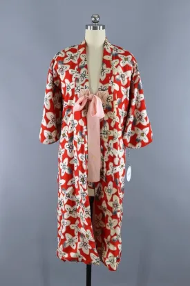 Vintage 1930s Silk Kimono Robe / Red Meisen Ikat Floral