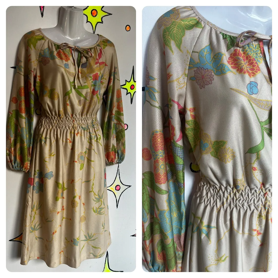 Vintage 70s | Retro Disco Secretary Fairy Grunge Bow Dress | Size S M