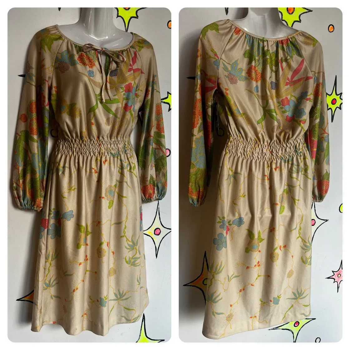 Vintage 70s | Retro Disco Secretary Fairy Grunge Bow Dress | Size S M