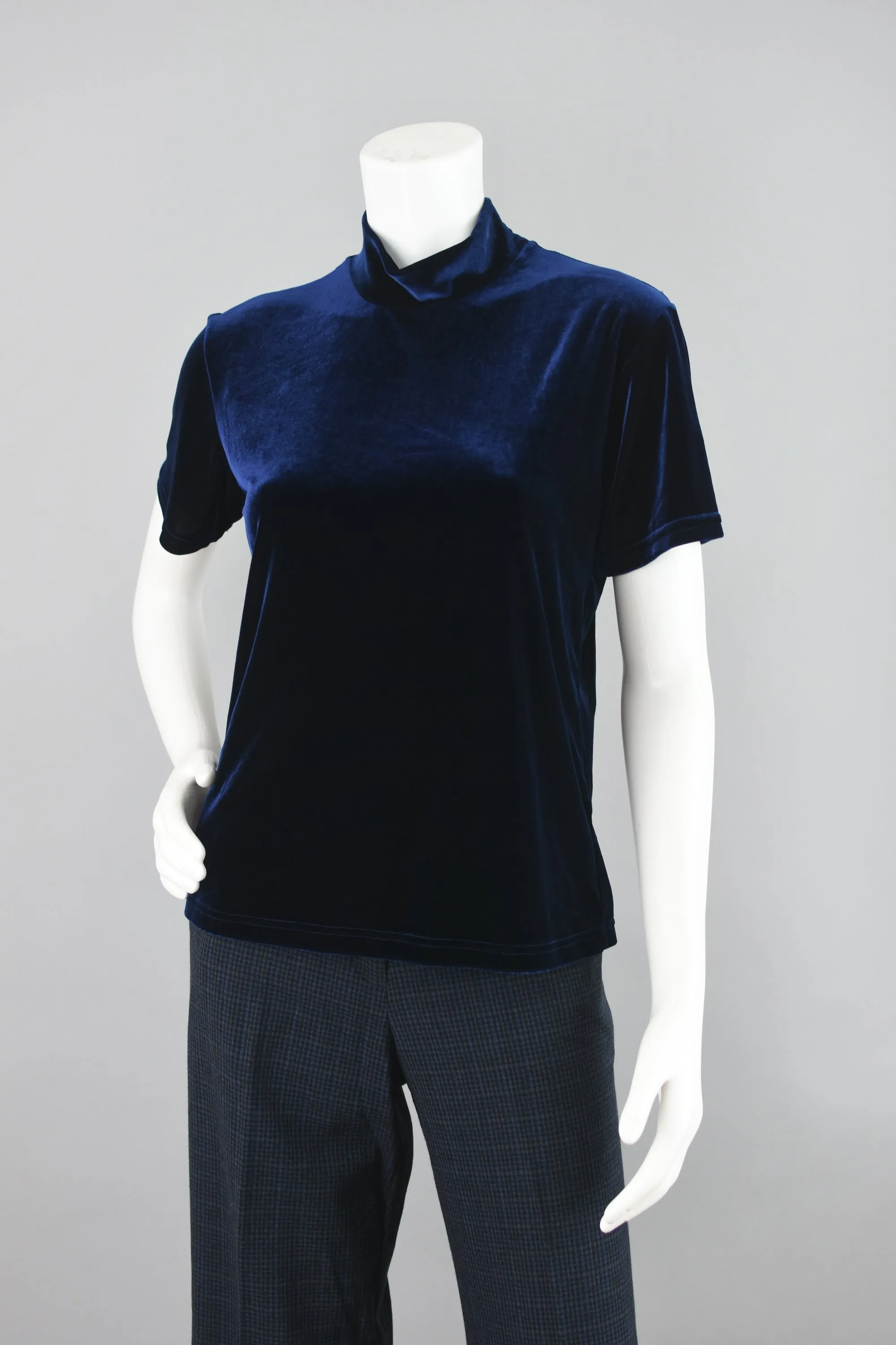 Vintage 90s Blue Velvet Mockneck Top Women's Small